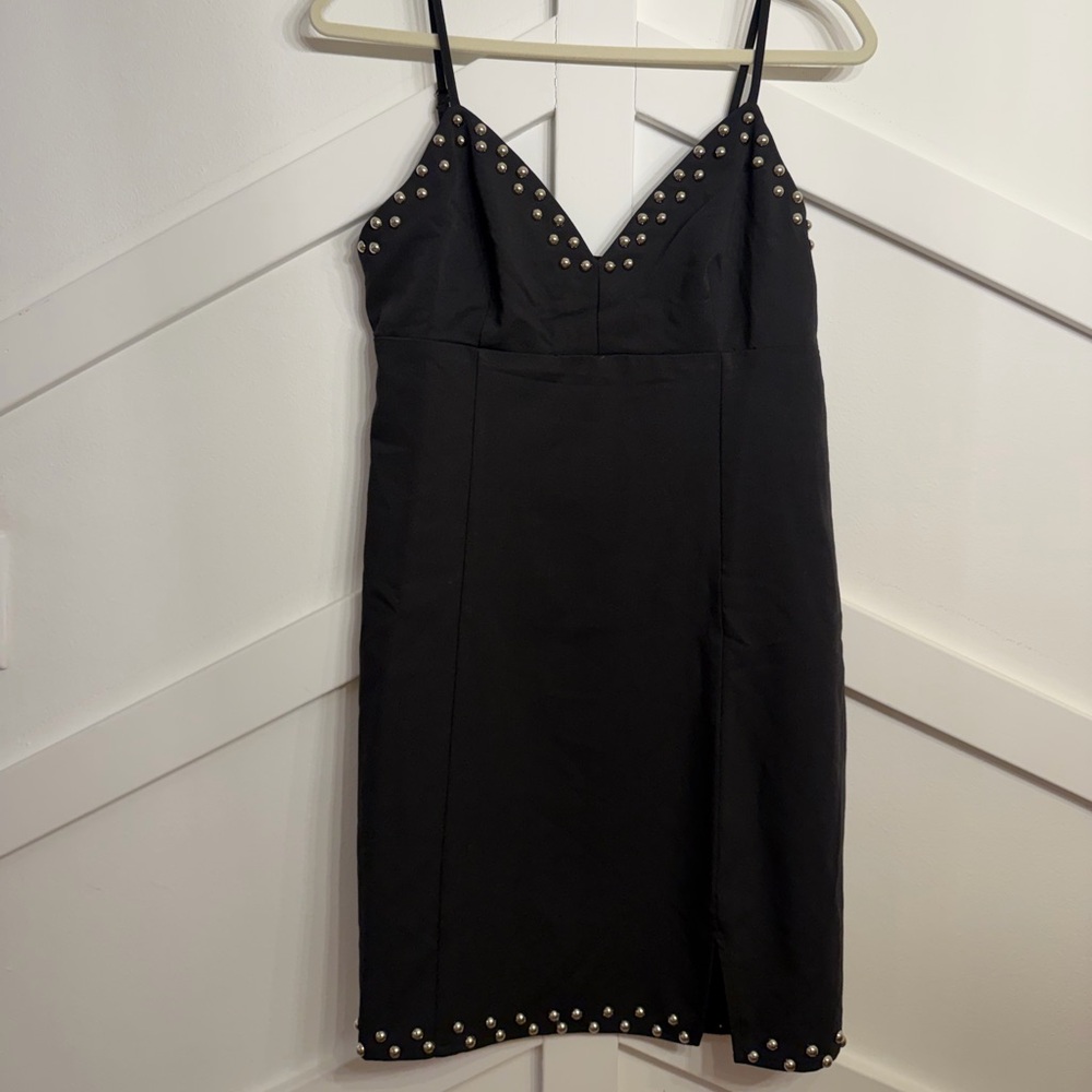 Moon River Black Mini Dress with Studded Details